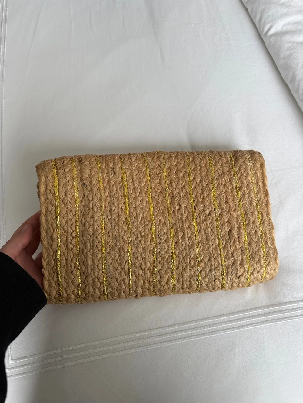 Woven Straw Clutch with Metallic Gold Accents - Natural